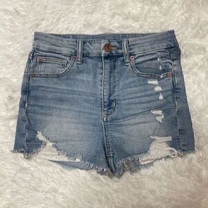 American Eagle Curvy Hi Rise Shortie Stretch Denim Jeans Shorts Size 2 Distresse